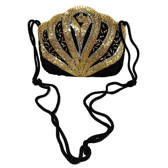 Vintage Beaded Evening Bag Shoulderbag Dressy Purse Black & Gold Retro Disco - Picture 1 of 7